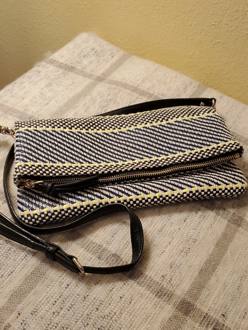 SOLE SOCIETY Woven Crossbody Clutch with Yellow Accent